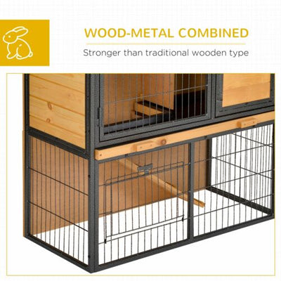 Outdoor Rabbit Cage Elevated Pet House w/ Slide-Out Tray, Natural Wood &amp; Black 842525165488