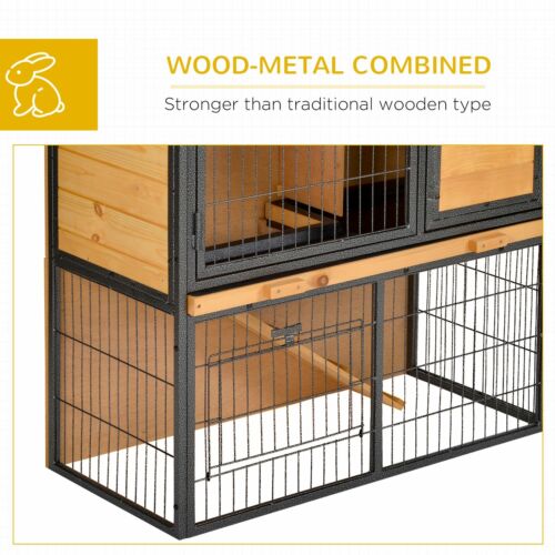 Outdoor Rabbit Cage Elevated Pet House w/ Slide-Out Tray, Natural Wood &amp; Black 842525165488