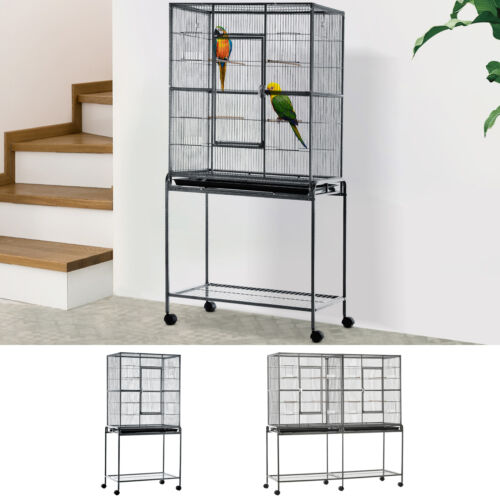 Rolling Bird Cage w/ Storage Shelf, Wood Perch, Food Container