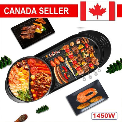 Electric 2 in 1 Hot Pot Hotpot BBQ Grill Oven Smokeless Barbecue Pan Machine CA