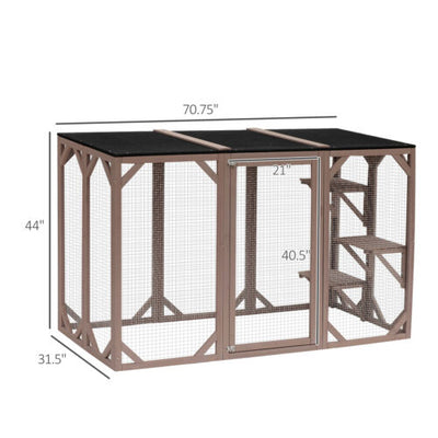Cat Cage Wooden Pet Enclosure with Waterproof Roof, Platforms, Lock, Brown