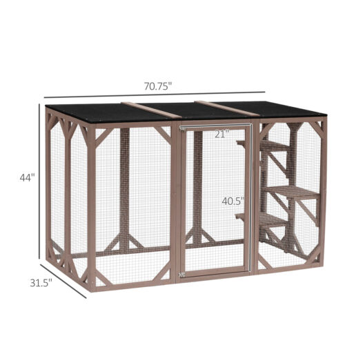 Cat Cage Wooden Pet Enclosure with Waterproof Roof, Platforms, Lock, Brown