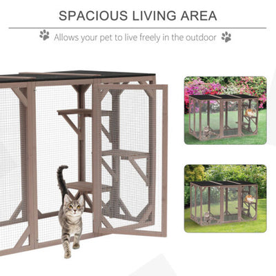 Cat Cage Wooden Pet Enclosure with Waterproof Roof, Platforms, Lock, Brown