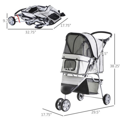 3 Wheels Pet Stroller Folding Dog Carrying Cart w/ Brake Canopy Travel