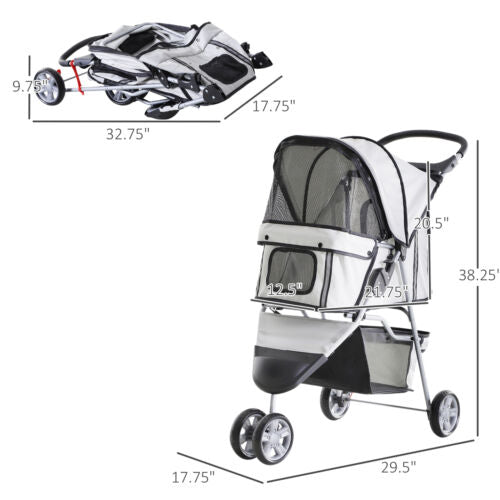 3 Wheels Pet Stroller Folding Dog Carrying Cart w/ Brake Canopy Travel