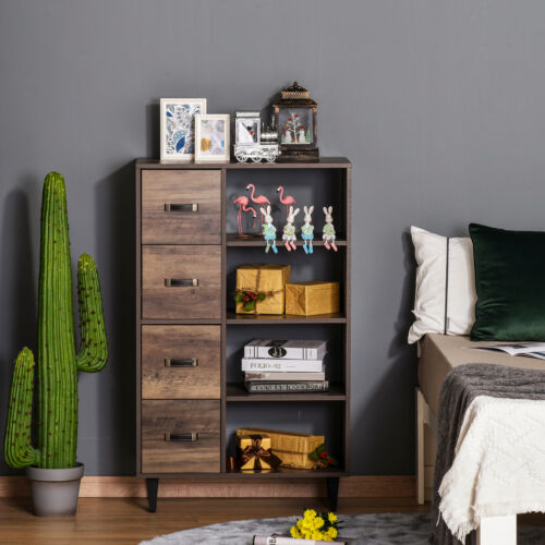 4-Drawer Dresser Storage Cabinet with 4-Tier Shelves for Living Room &amp; Bedroom