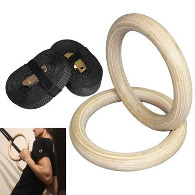 Wooden Gymnastic Rings With Adjustable Long Non-Slip Straps For Workout 28MM
