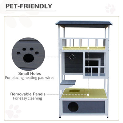 Feral Cat House, Kitten Condo Shelter w/ Raised Base &amp; Asphalt Roof, Grey 842525142885