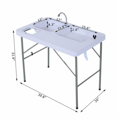 31.9&quot; Folding Table Camping BBQ Fishing Table with Faucet and Sinks Portable