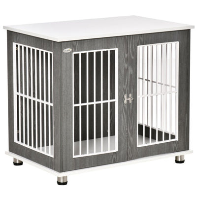 Wooden Dog Cage Furniture Style Pet Kennel Crate w/ Adjustable Foot Pads, Grey 196393066560