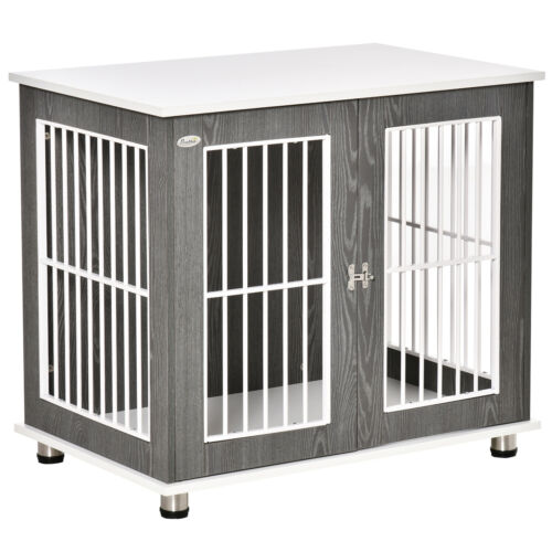 Wooden Dog Cage Furniture Style Pet Kennel Crate w/ Adjustable Foot Pads, Grey 196393066560