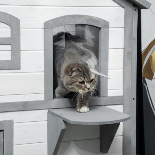 Wooden 2-Story Indoor or Outdoor Cat House W/ Escape Door, Cat Shelter, White 196393161340