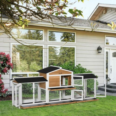 90.5&quot; Wooden Rabbit Hutch w/ Double Side Run Boxes Pull-out Tray Ramp 196393071090