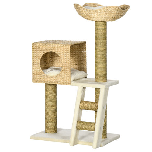 39.5&quot; Cat Tree Tower Cattail Weave W/ Cat Condo, Bed, Ladder, Washable Cushions