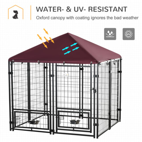 4.6&apos; x4.6&apos; x5&apos; Indoor/Outdoor Metal Dog Kennel House w/ 2 Food Bowls &amp; Lock 196393159187