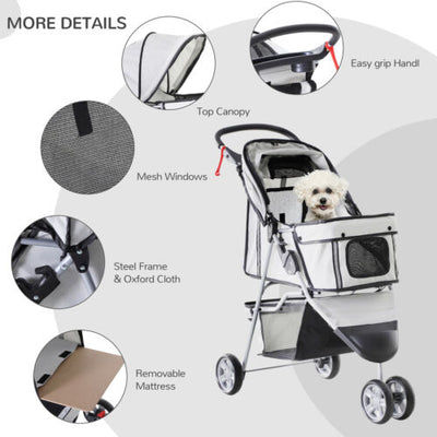 3 Wheels Pet Stroller Folding Dog Carrying Cart w/ Brake Canopy Travel
