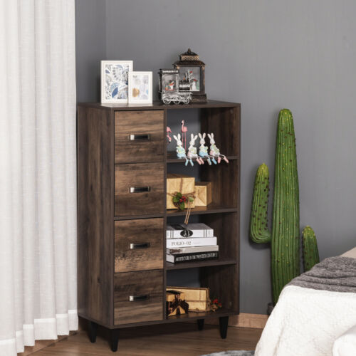 4-Drawer Dresser Storage Cabinet with 4-Tier Shelves for Living Room &amp; Bedroom