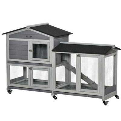 62&quot; Wooden Mobile Rabbit Hutch with Wheels Run Box Slide Tray Ramp, Light Grey 196393161449