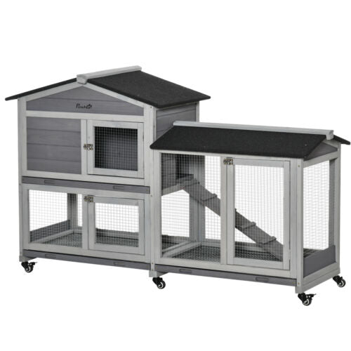 62&quot; Wooden Mobile Rabbit Hutch with Wheels Run Box Slide Tray Ramp, Light Grey 196393161449