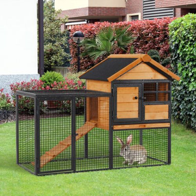 Outdoor Rabbit Cage Elevated Pet House w/ Slide-Out Tray, Natural Wood &amp; Black 842525165365