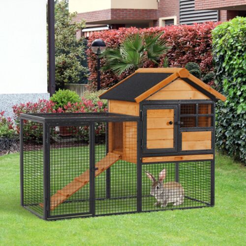 Outdoor Rabbit Cage Elevated Pet House w/ Slide-Out Tray, Natural Wood &amp; Black 842525165365