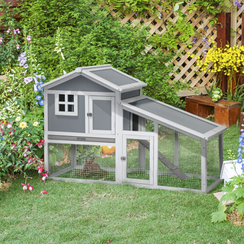 59&quot; Wooden Rabbit Hutch Playpen Bunny House with Sunlight Roof Ramp Tray Grey