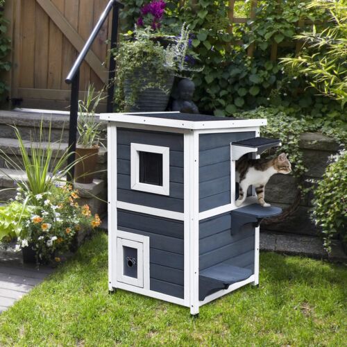 Outdoor Solid Wood 2-Floor Cat Condo Pet House Kitten Shelter with Window - Gray 842525142892