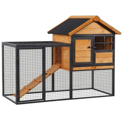 Outdoor Rabbit Cage Elevated Pet House w/ Slide-Out Tray, Natural Wood &amp; Black 842525165365