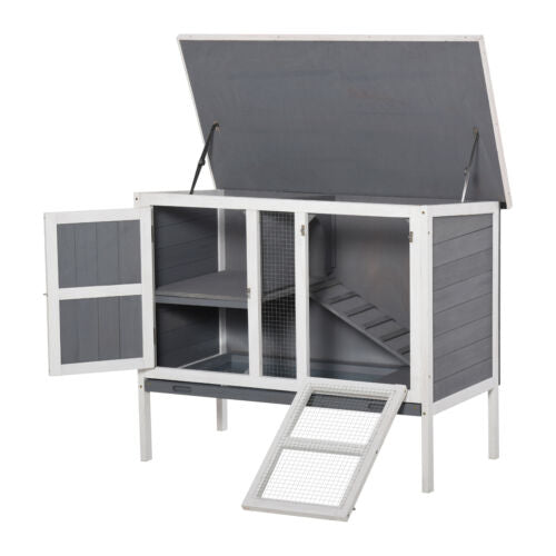 Wooden Bunny Hutch 2-Levels w/ Roof Mesh Window for Outdoors &amp; Small Animals 842525170864
