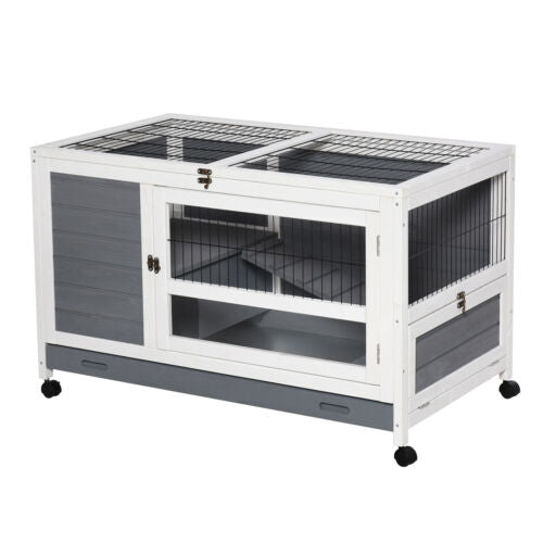 Wooden Rabbit Hutch Elevated Pet Bunny House with Slide-Out Tray Indoor Grey