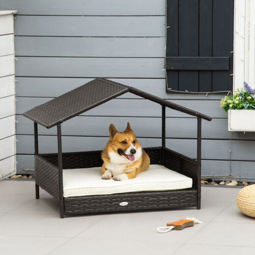 Elevated Wicker Dog House, Raised Rattan Pet Bed Cabana w/ Cushion, Canopy White 842525148276