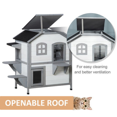 Wooden 2-Story Indoor or Outdoor Cat House W/ Escape Door, Cat Shelter, White 196393161340