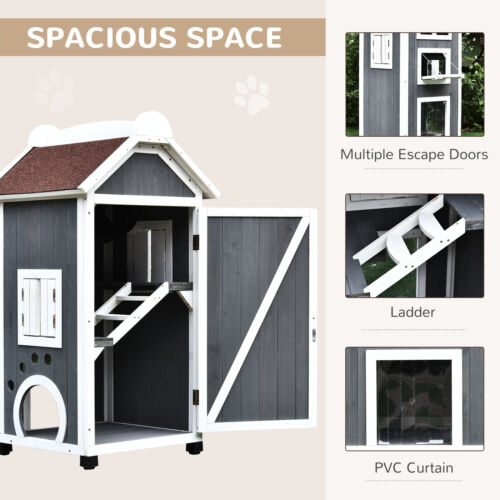 Solid Wood Cat Condo Furniture 2-Floor Pet Shelter, Grey and White, 43&quot; H 842525144469