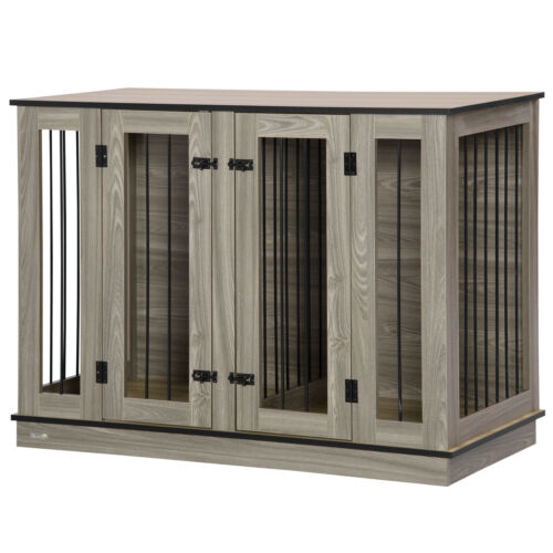 Dog Crate Furniture Side Table W/ Divider Panel 2 Front Doors Double Locks
