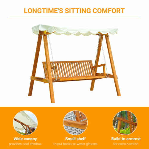 Outsunny Heavy-Duty 3 Seater Hardwood Swing Chair Hammock w/ Canopy Patio Garden