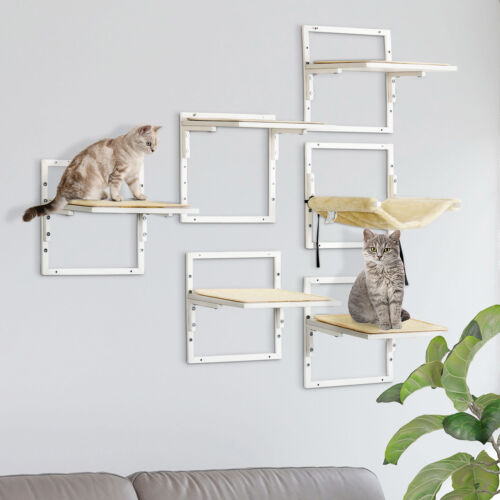 6PCs Modern Steel Cat Wall Shelves with Jumping Platform and Hammock, Cream