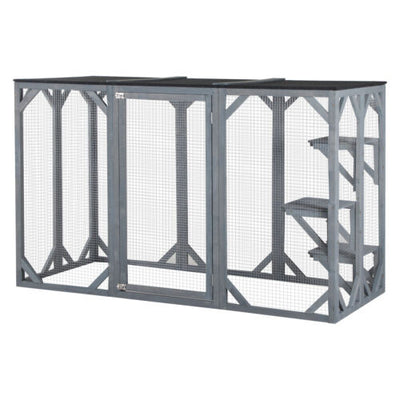 Cat Cage Wooden Pet Enclosure with Waterproof Roof, Platforms, Lock, Grey 842525170734