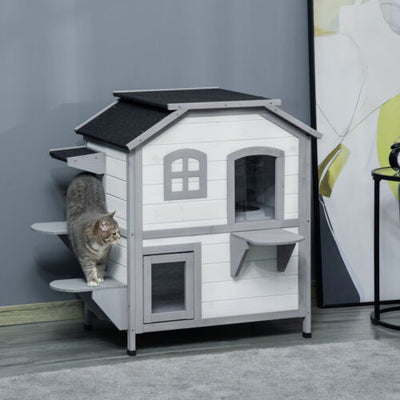Wooden 2-Story Indoor or Outdoor Cat House W/ Escape Door, Cat Shelter, White 196393161340