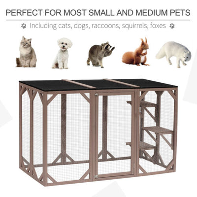 Cat Cage Wooden Pet Enclosure with Waterproof Roof, Platforms, Lock, Brown