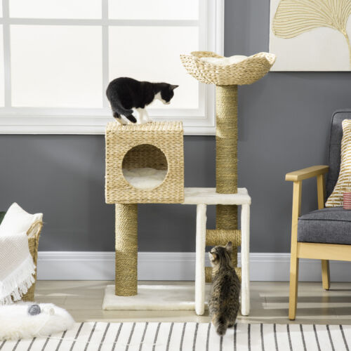 39.5&quot; Cat Tree Tower Cattail Weave W/ Cat Condo, Bed, Ladder, Washable Cushions