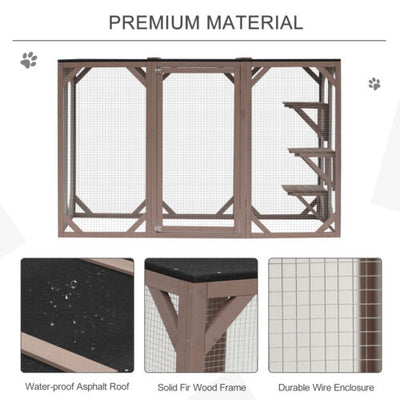 Cat Cage Wooden Pet Enclosure with Waterproof Roof, Platforms, Lock, Brown