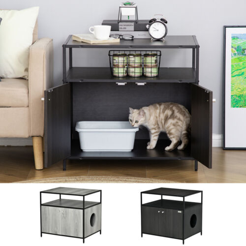 Cat Litter Box Enclosure Double-door Nightstand with Storage Shelf