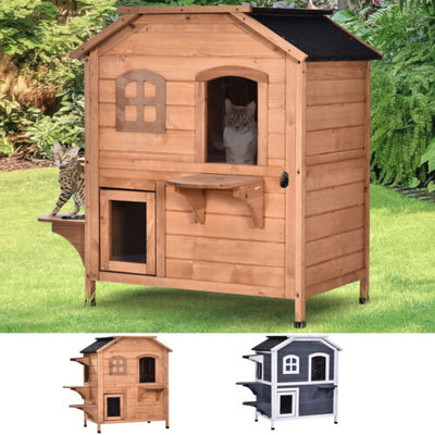 2-Story Wooden Cat Condo w/ Balcony &amp; Doors for Indoor/Outdoor Use