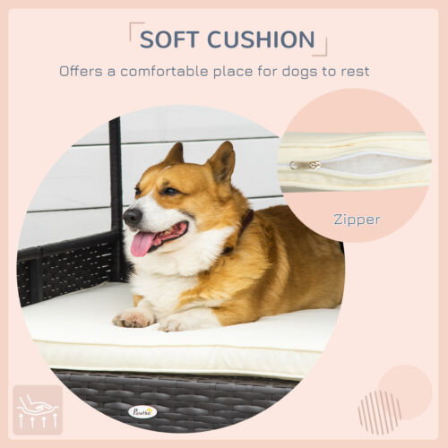 Elevated Wicker Dog House, Raised Rattan Pet Bed Cabana w/ Cushion, Canopy White 842525148276