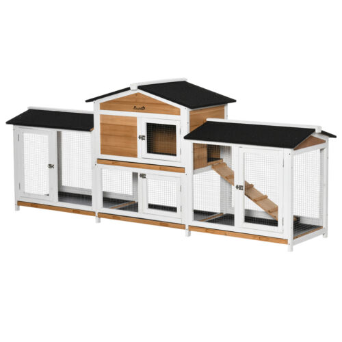 90.5&quot; Wooden Rabbit Hutch w/ Double Side Run Boxes Pull-out Tray Ramp 196393071090