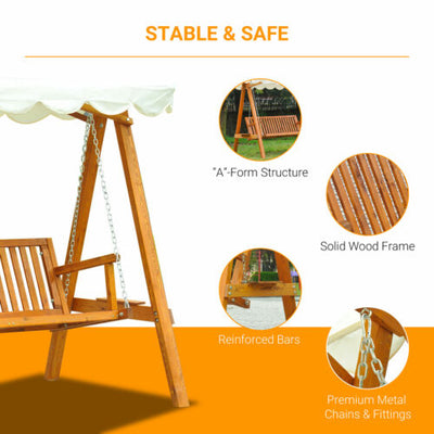 Outsunny Heavy-Duty 3 Seater Hardwood Swing Chair Hammock w/ Canopy Patio Garden