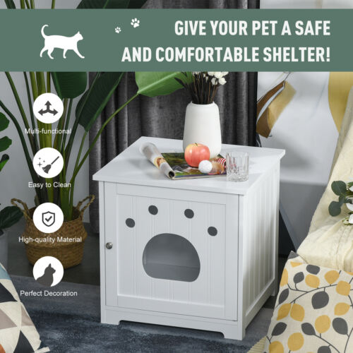 Cat Washroom Pet Litter Box Enclosure Kitten House End Table Hideaway Cabinet