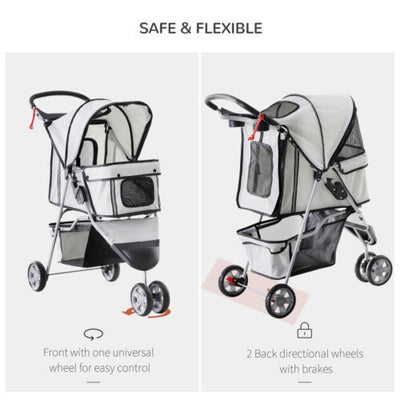 3 Wheels Pet Stroller Folding Dog Carrying Cart w/ Brake Canopy Travel