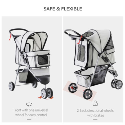 3 Wheels Pet Stroller Folding Dog Carrying Cart w/ Brake Canopy Travel