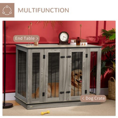 Dog Crate Furniture Side Table W/ Divider Panel 2 Front Doors Double Locks